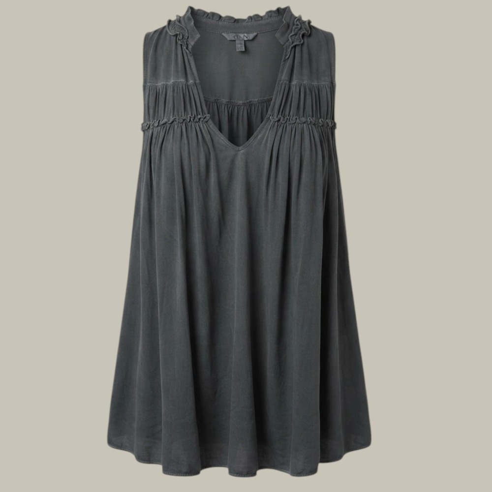 POL Womens Charcoal Grey Mineral Wash Ruffle V-Neck Babydoll Sleeveless Top S